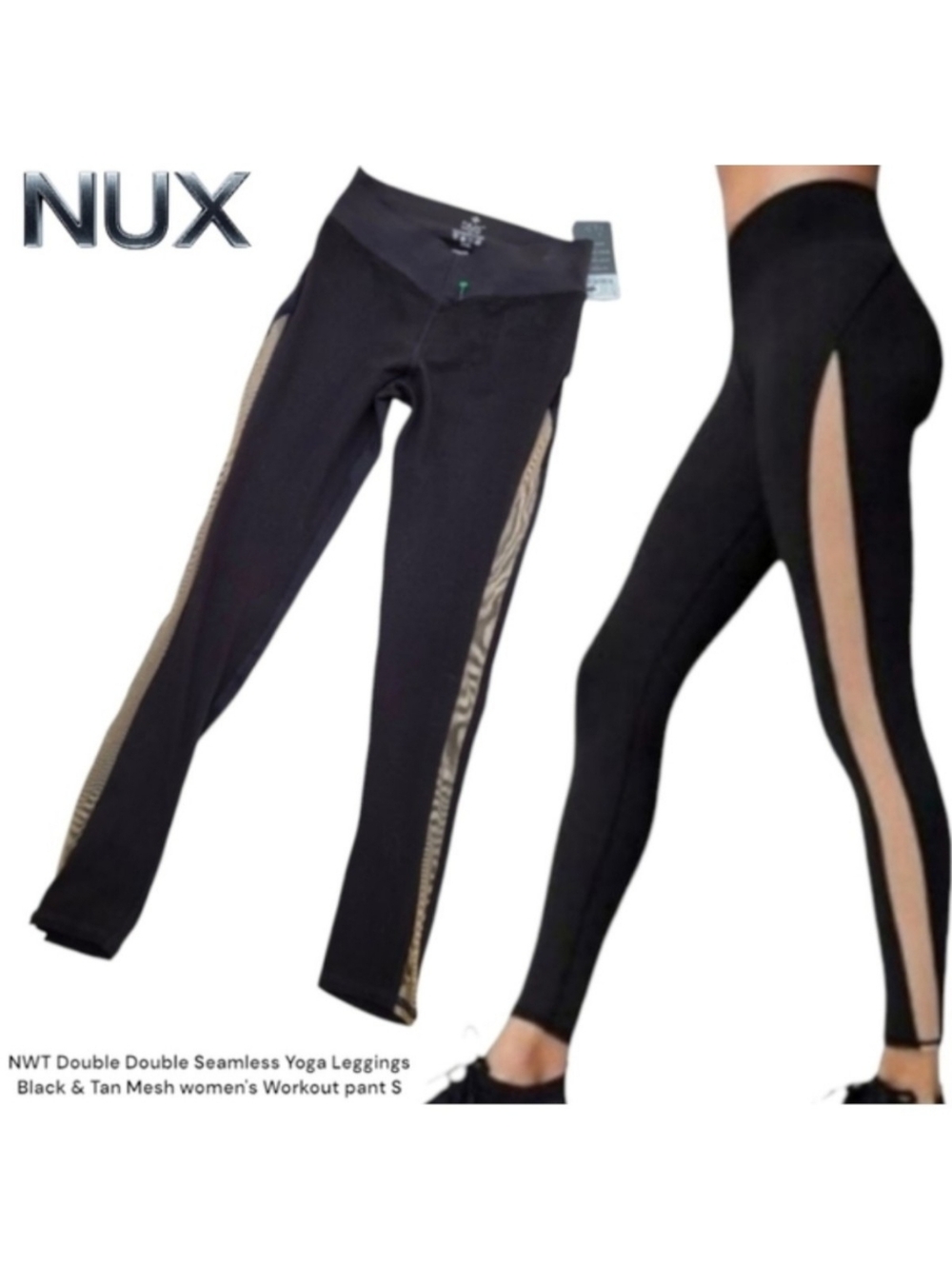 NUX Women's Double Double Seamless Yoga Tights Black Tan Mesh Leggings S nwt
